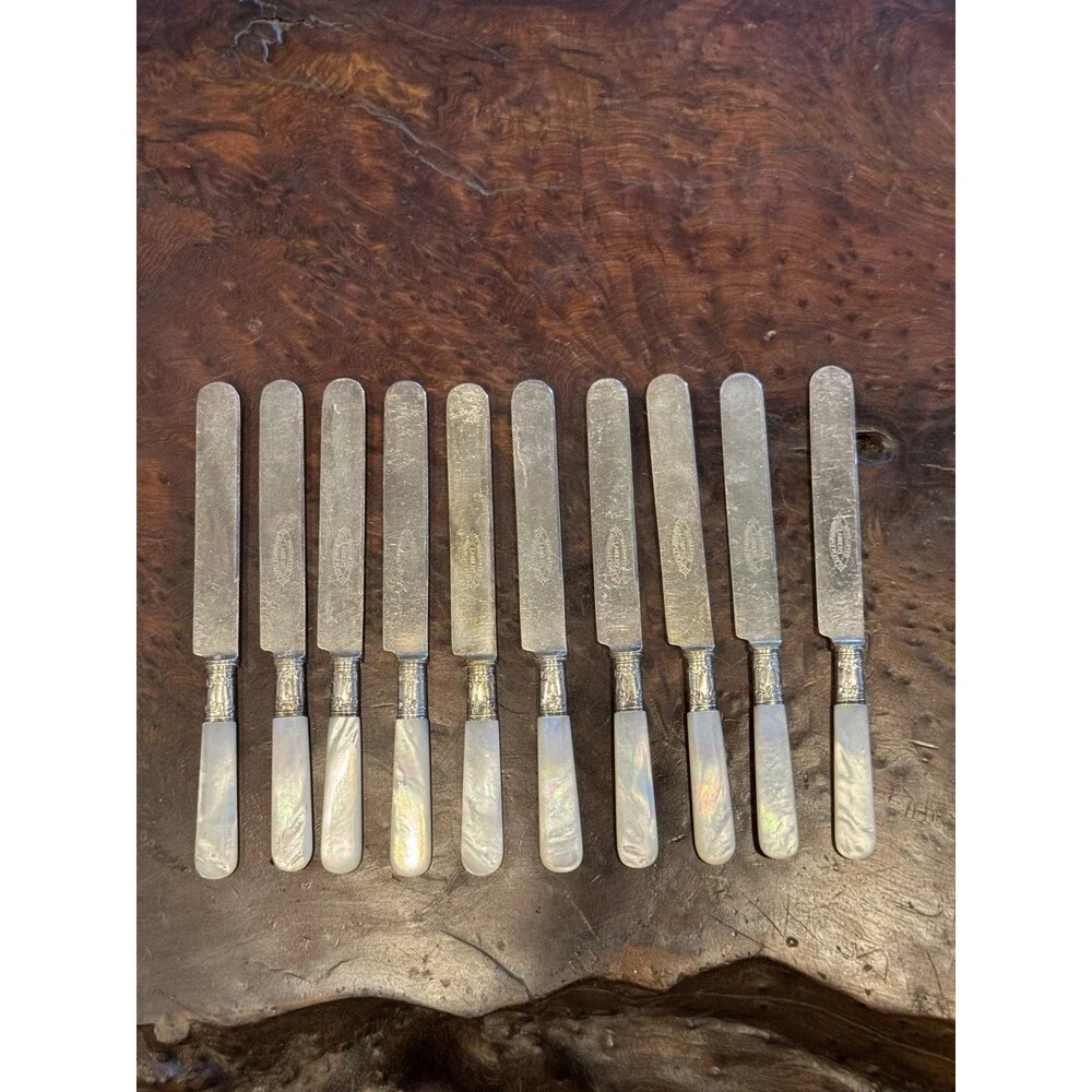 Antique Silver Plated Mother Of Pearl Lot Of 31 Pieces Knives & Serving Utensils